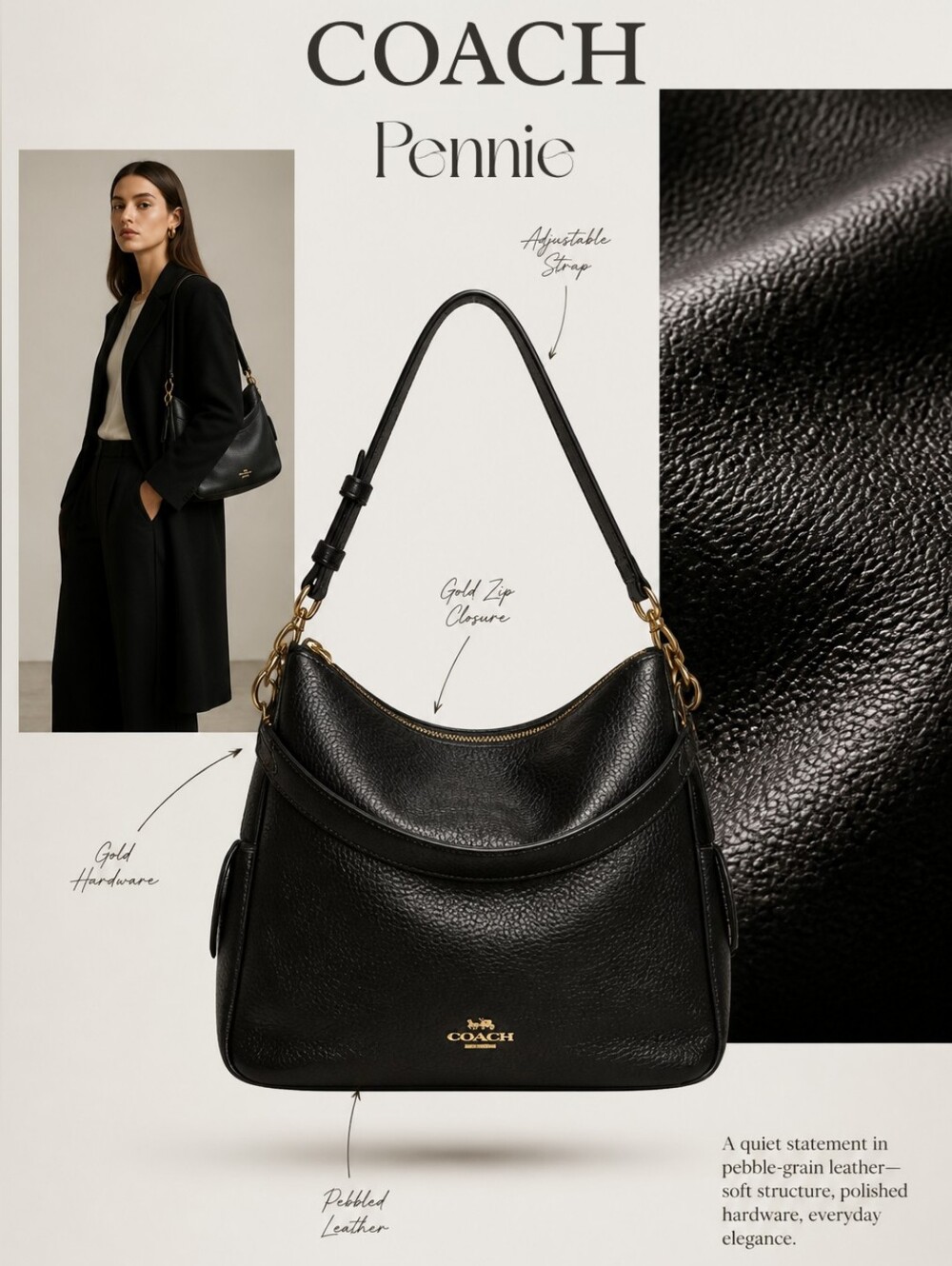 Coach Pennie Convertible Shoulder Bag in Black Pebble Leather With COA